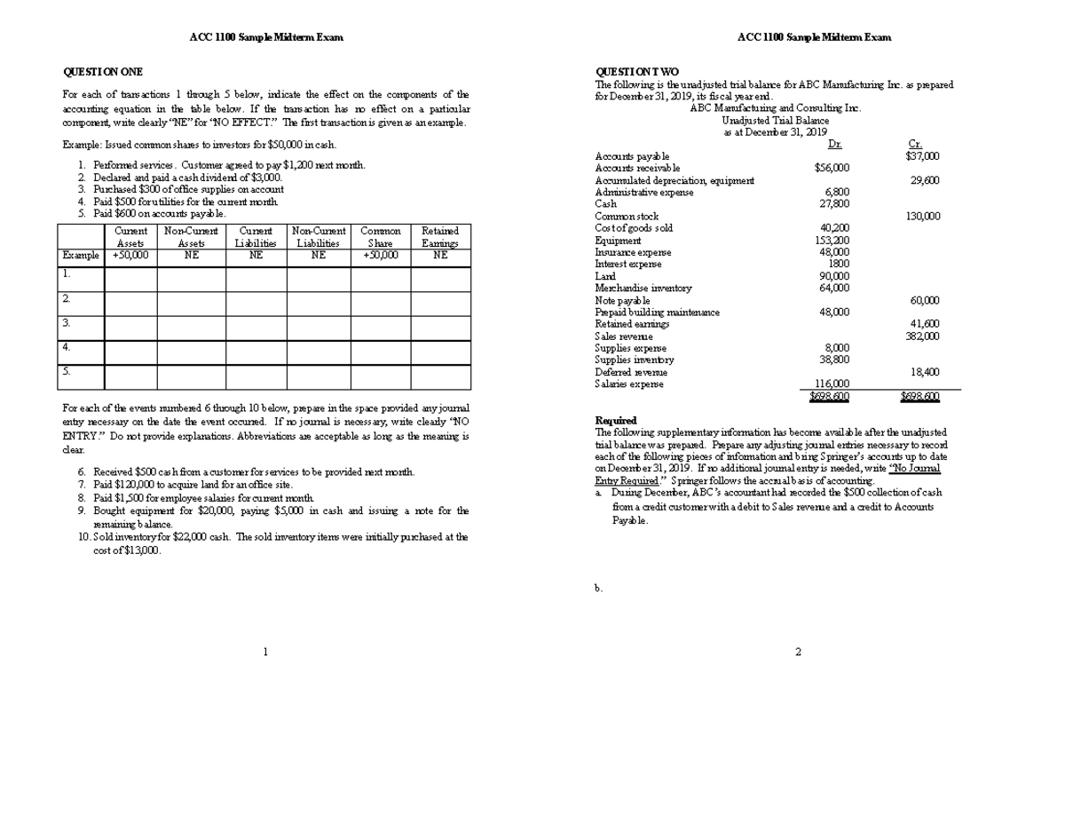 ACC 1100 Sample Midterm Exam - Studocu