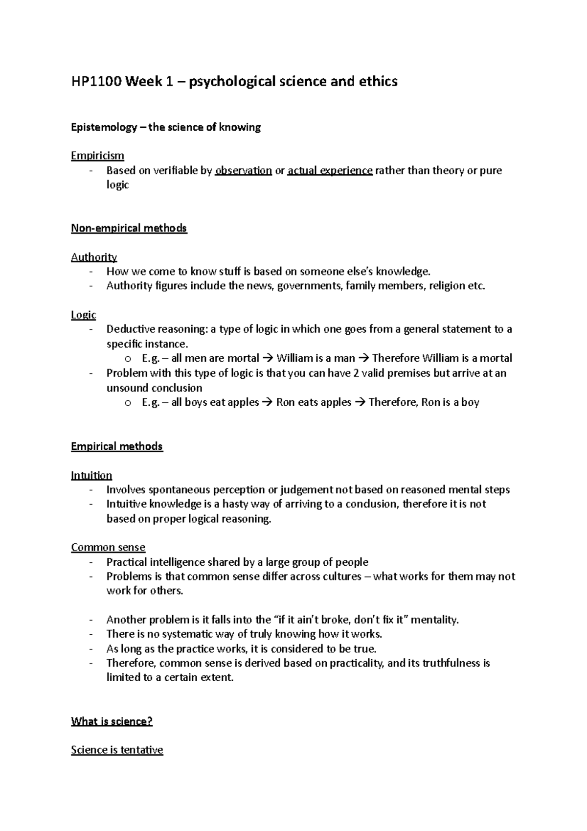 HP1100 Week 1 Notes 1 - HP1100 Week 1 – psychological science and ...