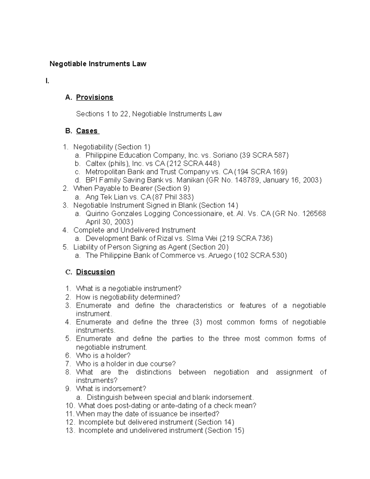 Negotiable Instruments Law - A. Provisions Sections 1 to 22, Negotiable ...