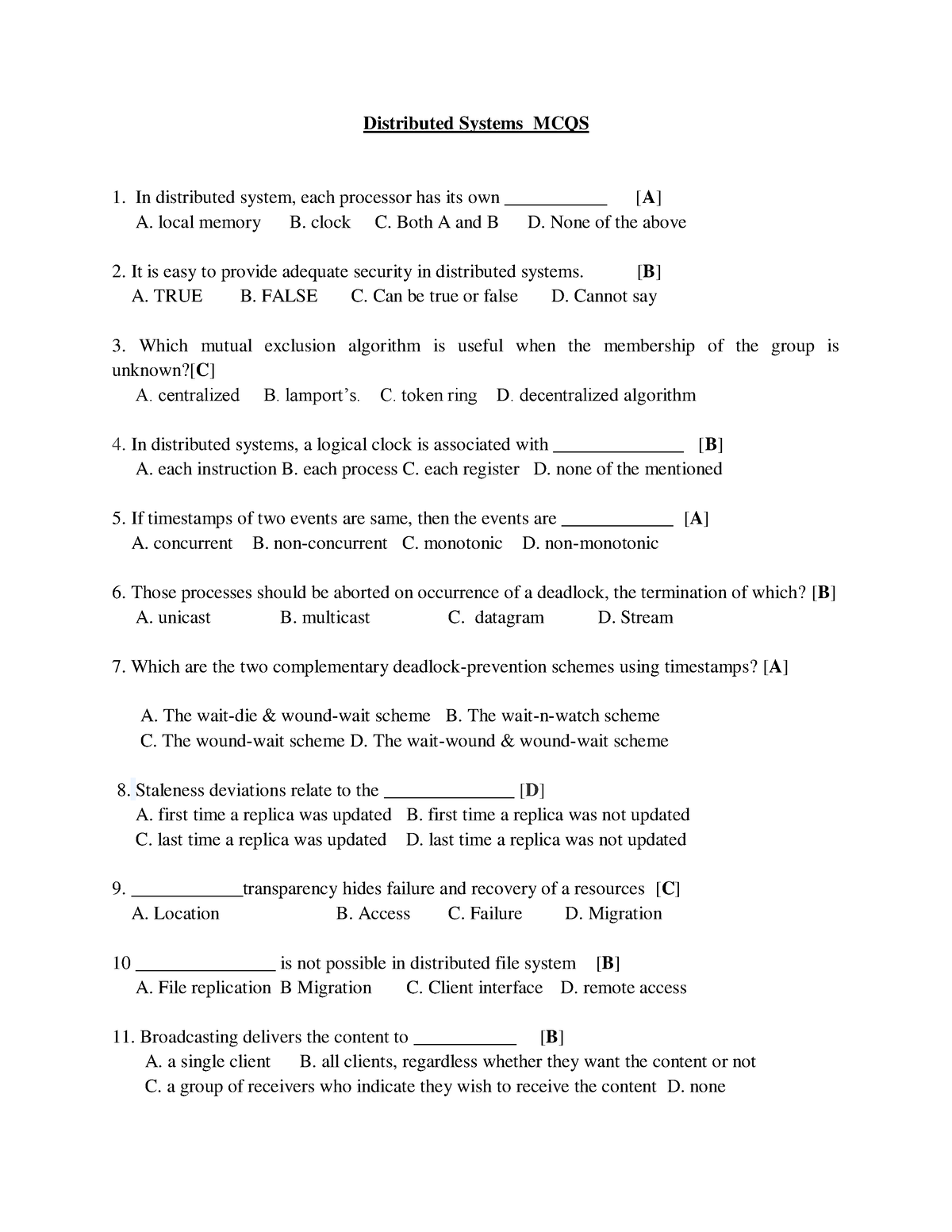 DS BITS - Bachelor Of Technology - Distributed Systems MCQS In ...