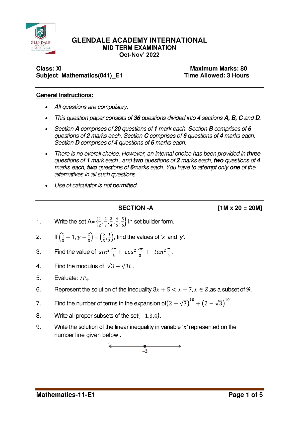 grade-11-math-e1-mid-term-qp-2022-23-glendale-academy-international