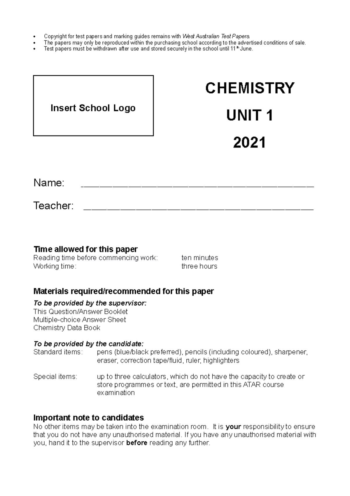 2021 chemistry unit 1 exam - Copyright for test papers and marking ...