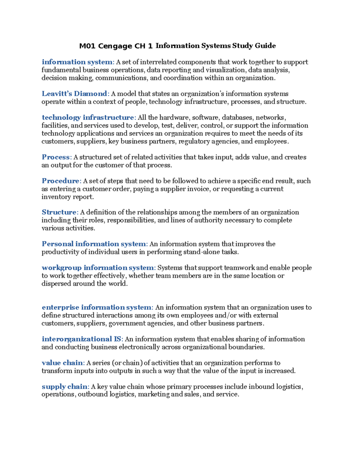 INFM109 M01 Cengage CH 1 Information Systems Study Guide - M01 Cengage ...