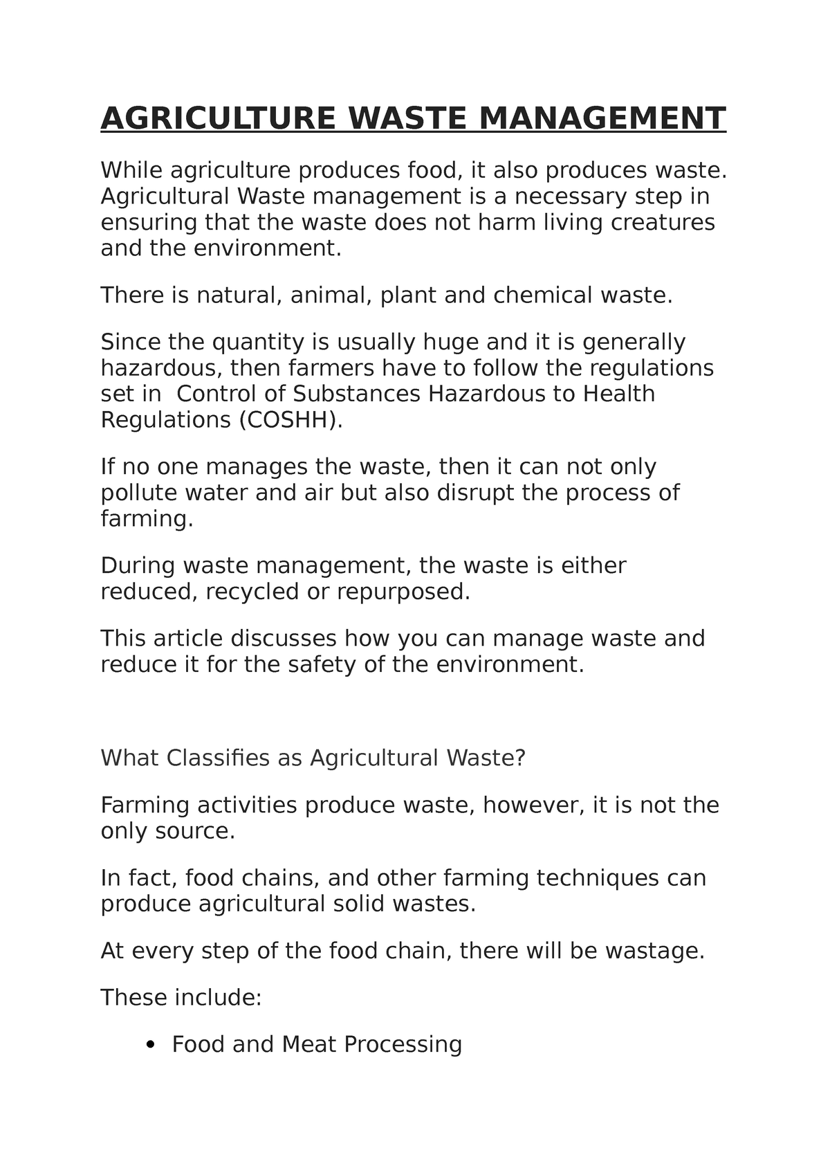 Agriculture Waste Management 20 - AGRICULTURE WASTE MANAGEMENT While ...