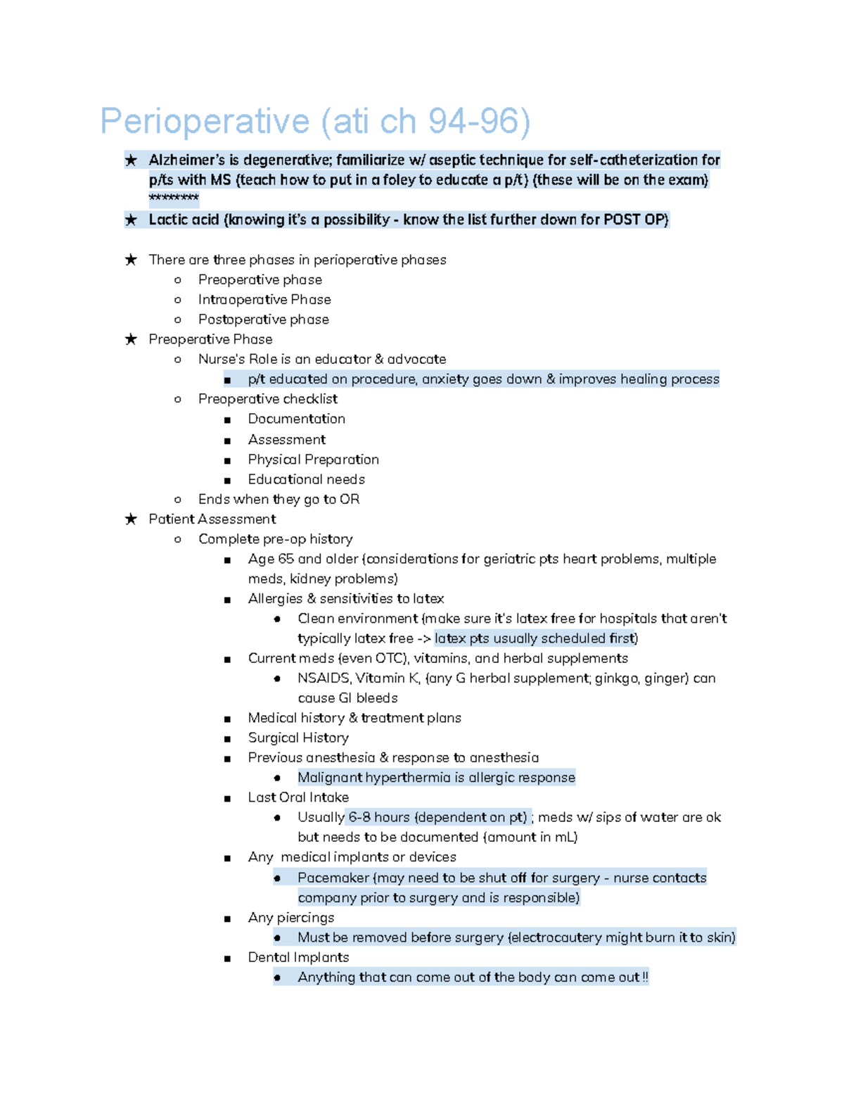 Med Surg 2 Exam 1 Med Surg 2 Exam 1 Notes Perioperative Ati Ch 94