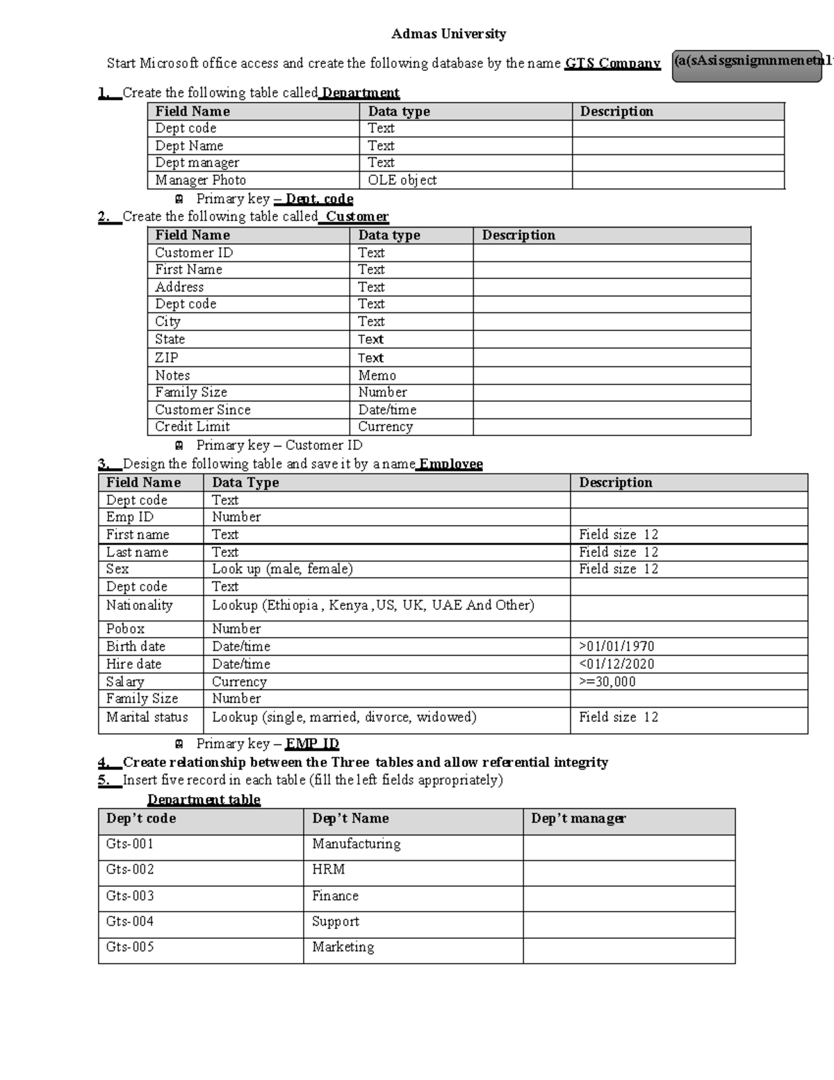 Database Ass - cs vp101 - (a(sAsisgsnigmnmenetn 1 t Admas University ...