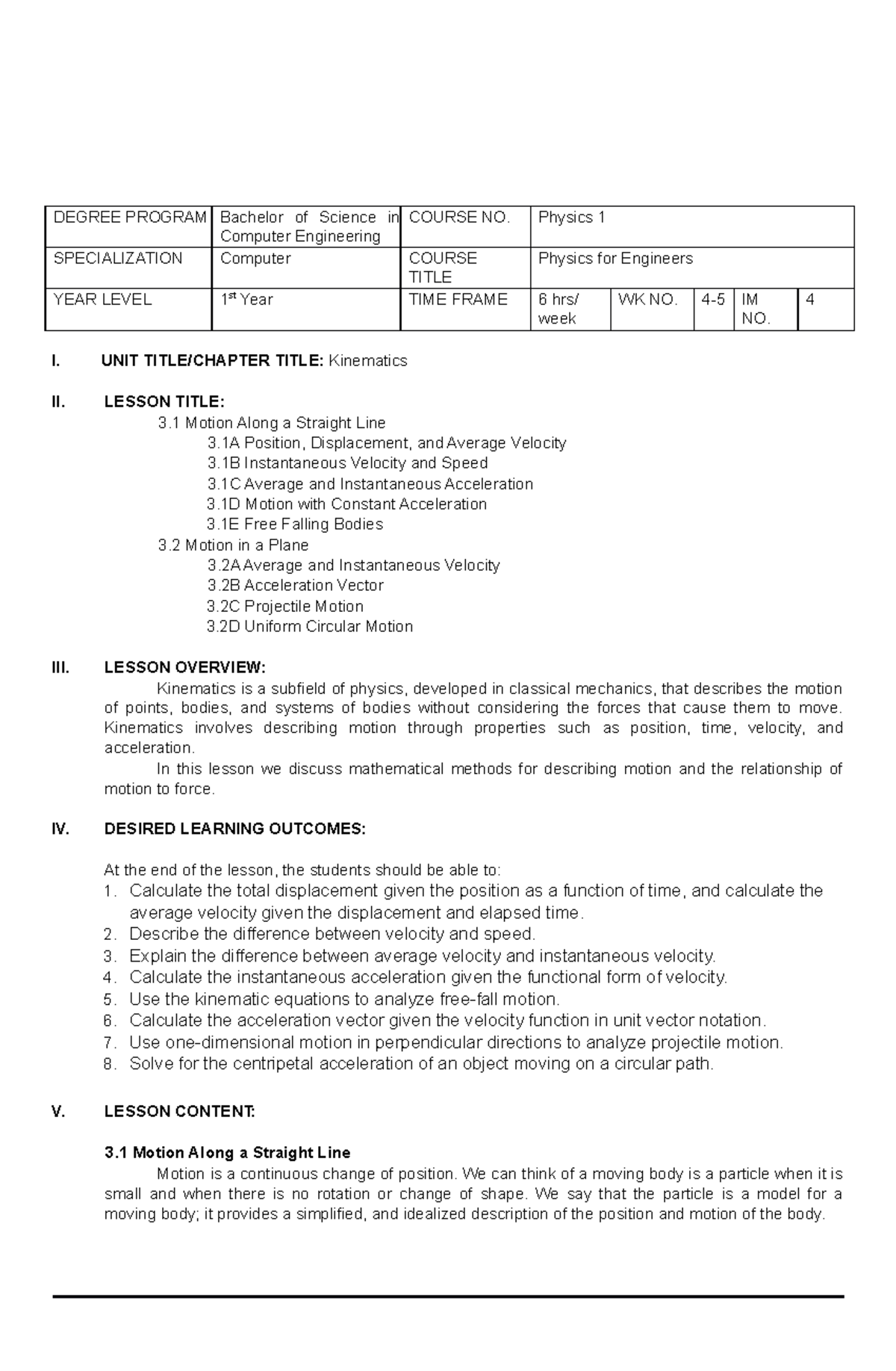 Physics for Engineers IM4 - DEGREE PROGRAM Bachelor of Science in ...