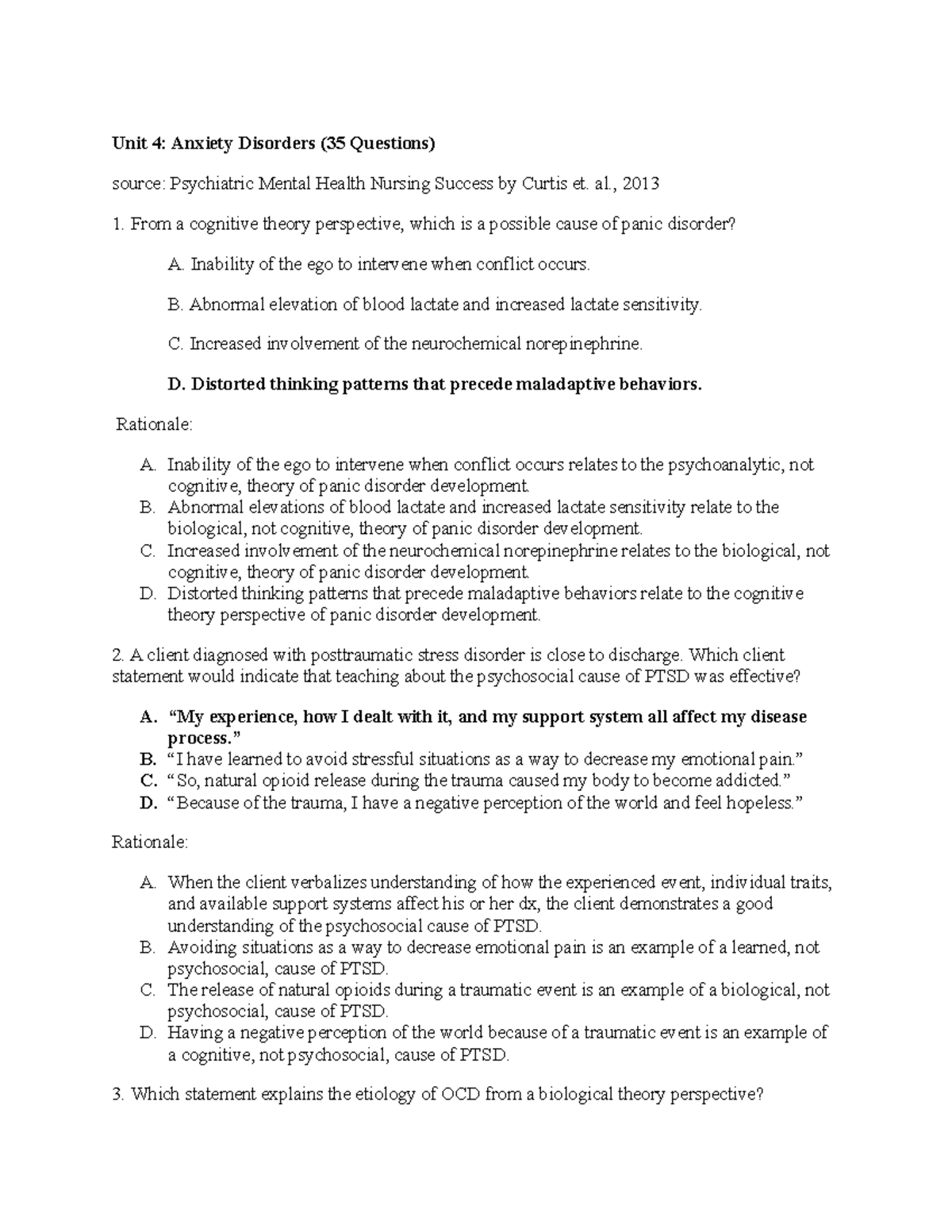 UNIT 4 Nclex Questions Unit 4 Anxiety Disorders (35 Questions
