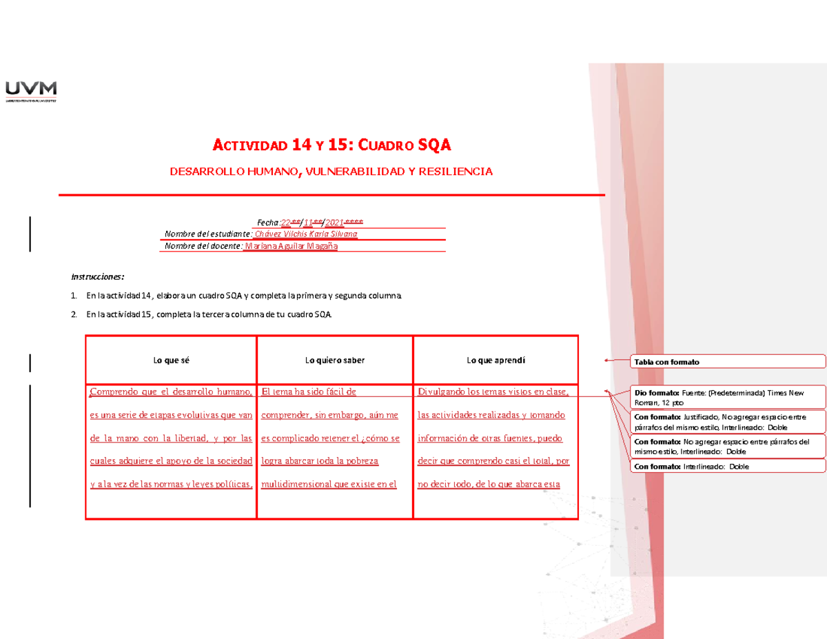 A15 KSCV - Tarea - ACTIVIDAD 14 Y 15: CUADRO SQA DESARROLLO HUMANO ...