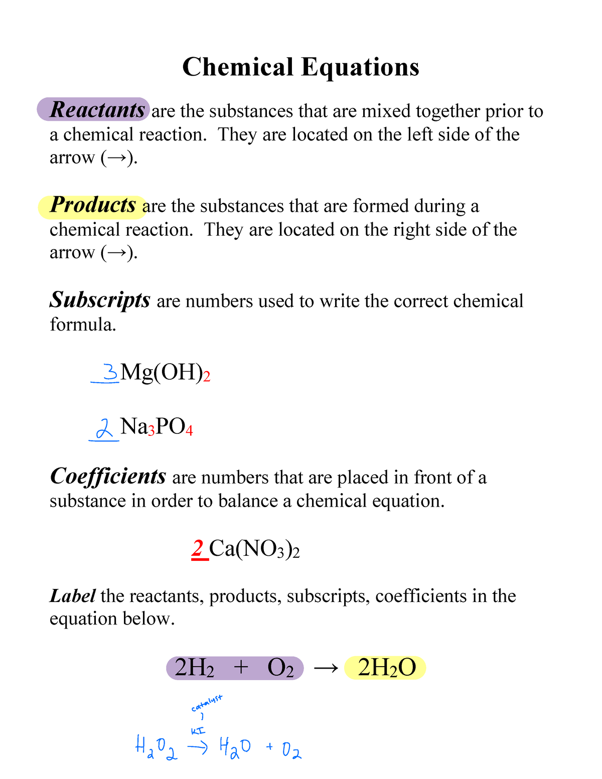 balancing equations and types of reactions assignment