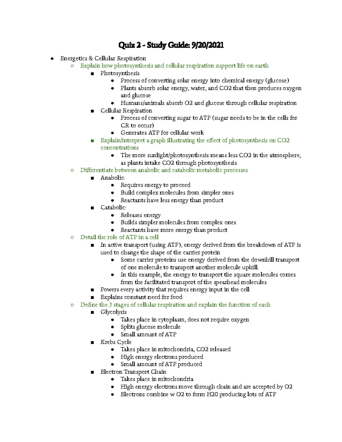 Biology 1101 Quiz 2 - Study Guide - Quiz 2 - Study Guide: 9/20 ...