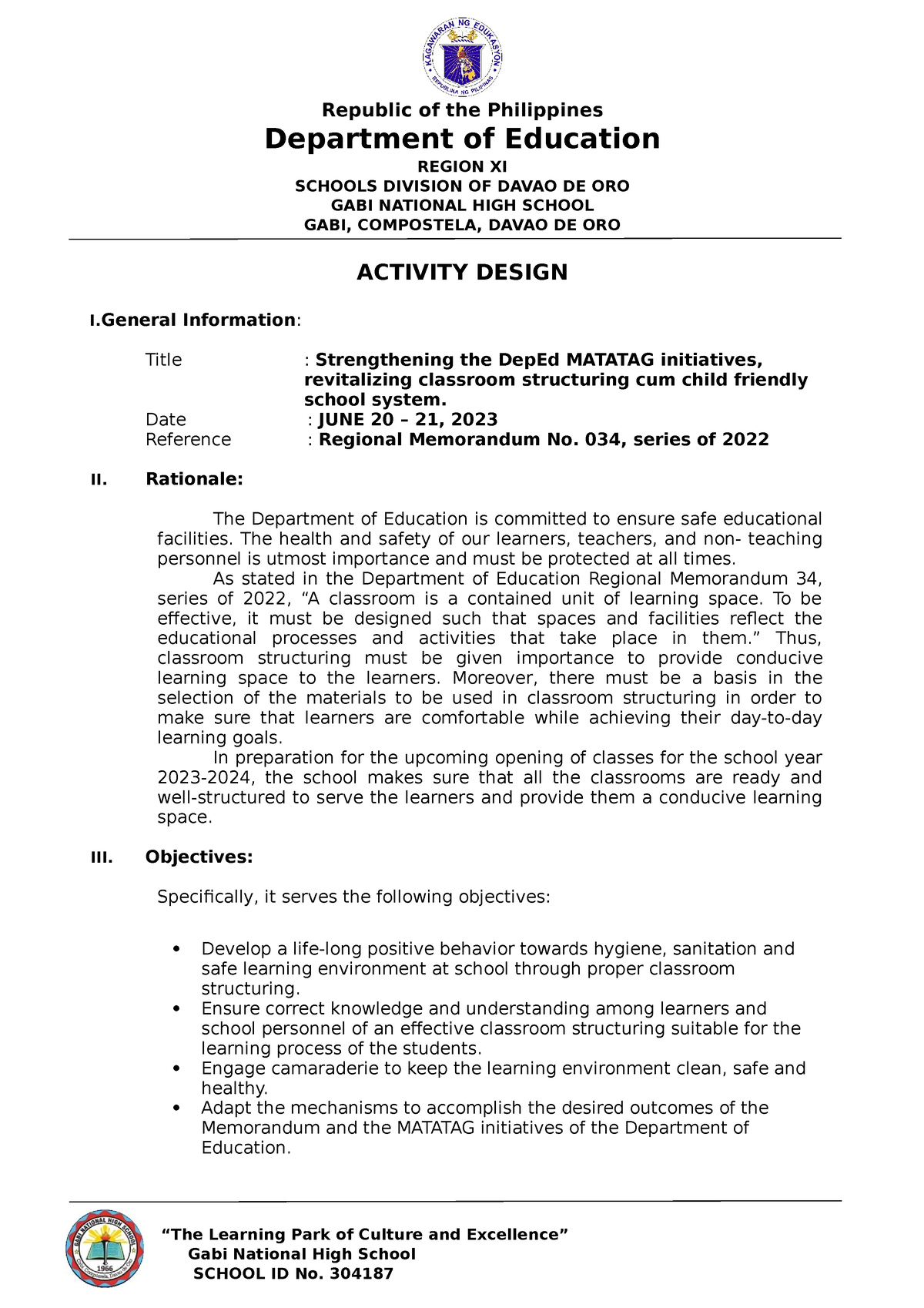 Activity Design Classroom Structuring Monitoring and Eval - Department ...