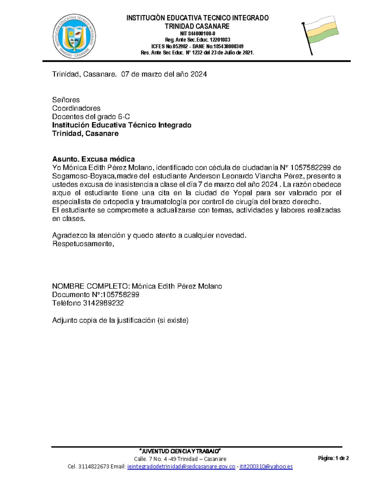 Formato DE Escusa Escolar Ietit 2024-1 - INSTITUCIÓN EDUCATIVA TECNICO ...