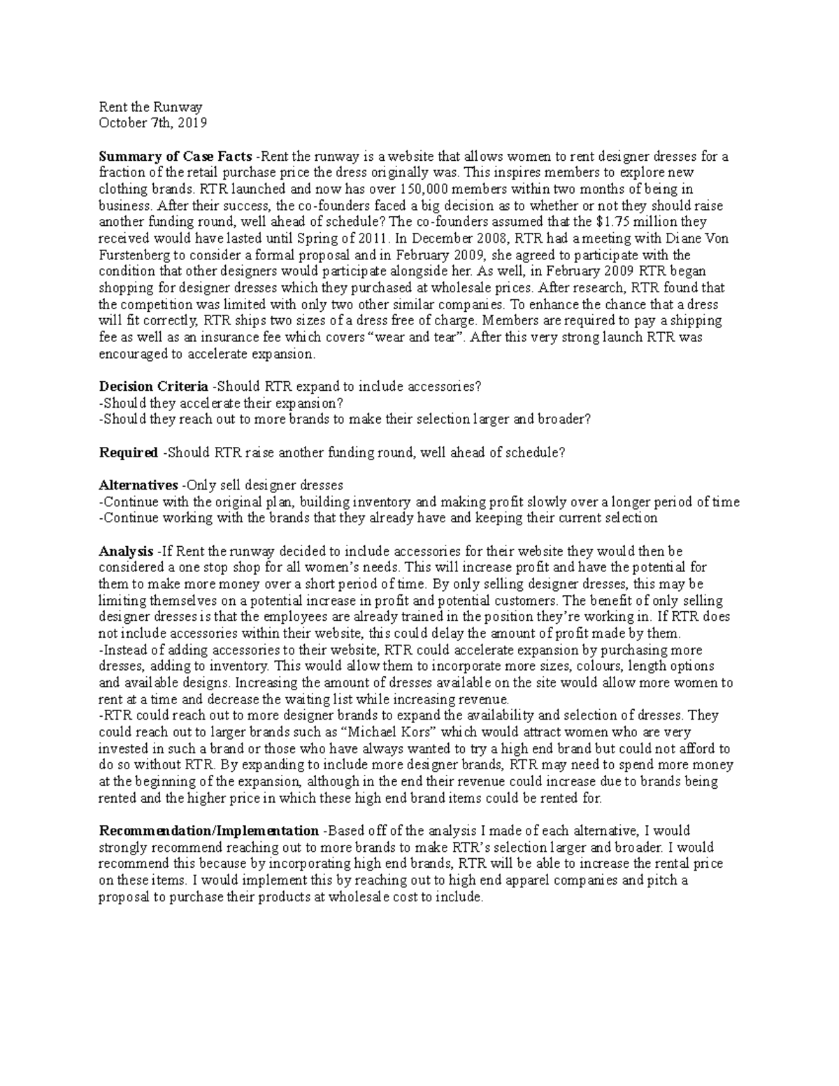 Rent the Runway Case Study 1 Rent the Runway October 7th, 2019