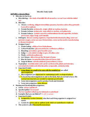 Micro Bio Study Guide 1 - MicroBio Study Guide LECTURE 1: Intro to ...