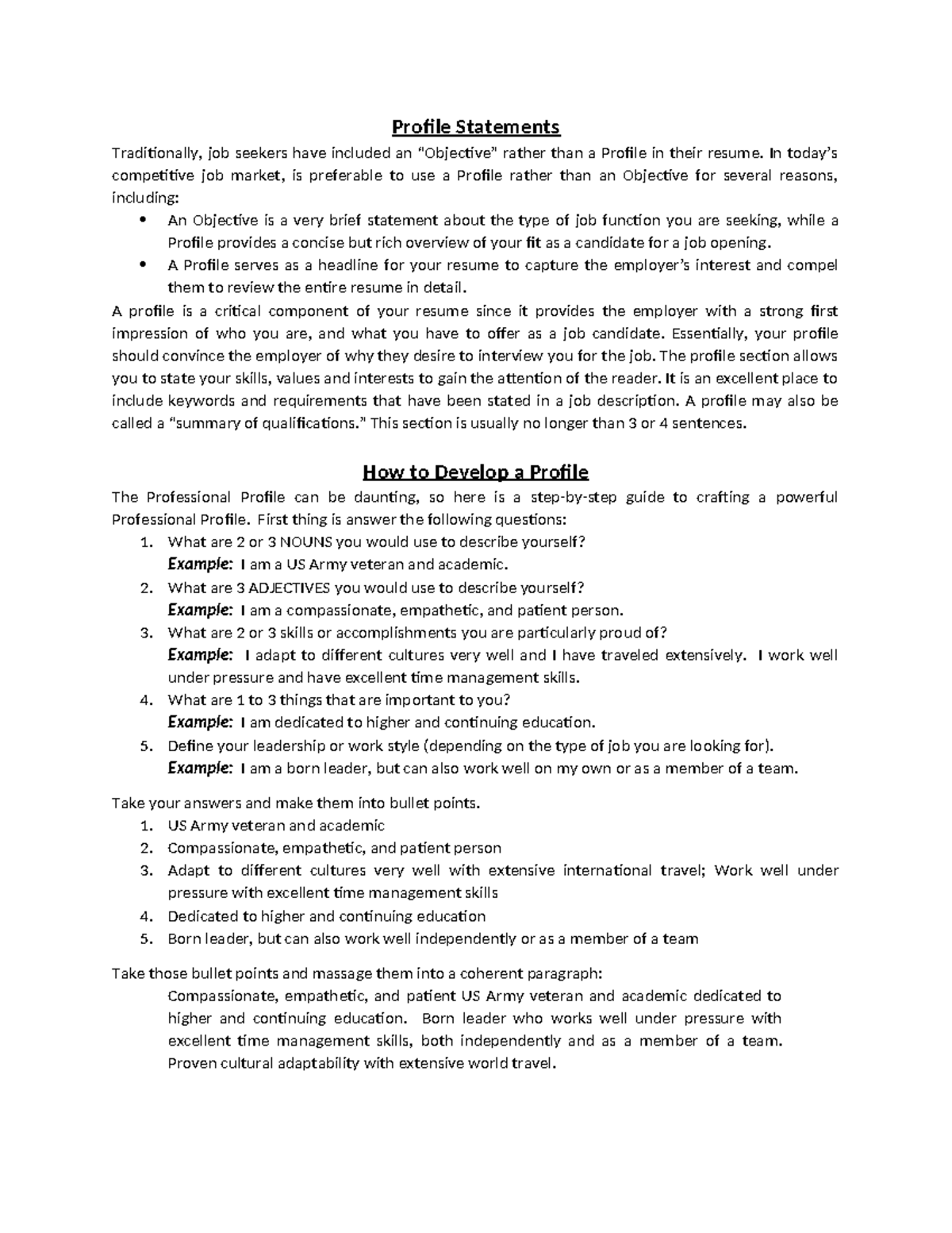 Profile Statements Worksheet - Profile Statements Traditionally, job ...