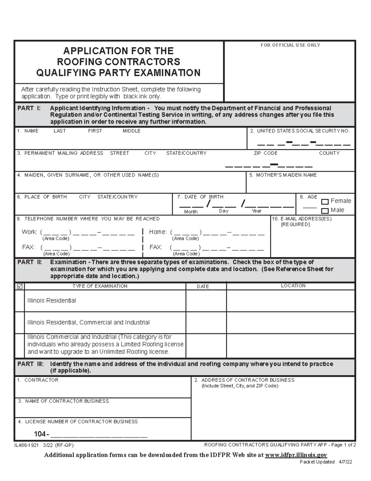Application for the Roofing Contractors Qualifying Party Examination
