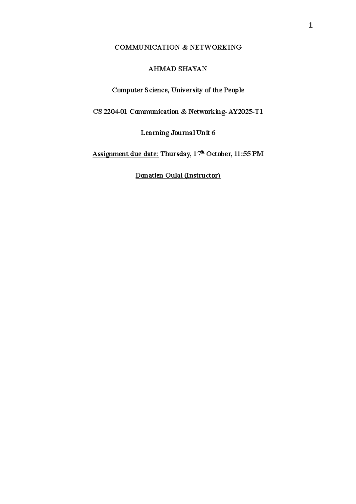 Learning Journal UNIT 6 Networking - 1 COMMUNICATION & NETWORKING AHMAD ...