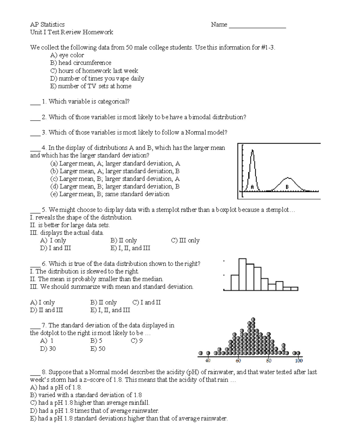APS+Unit+1+Review+HW+2023 - AP Statistics Name _________________ Unit I ...