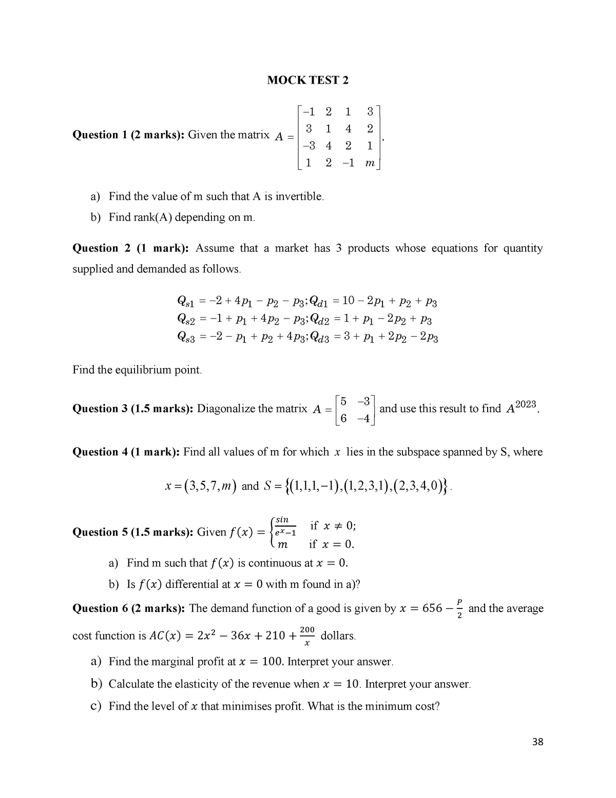 Mock test 2 - Một số bài tập kiểm tra giữa kỳ môn toán cao cấp - 38 ...