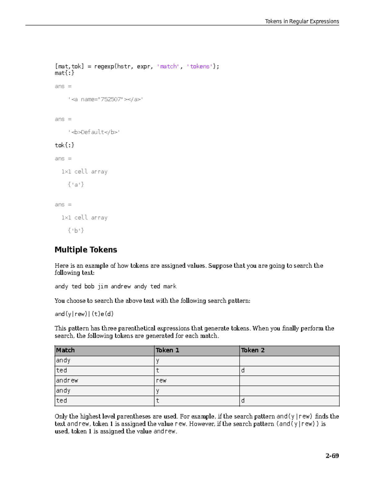 Matlab prog13 [mat,tok] = regexp(hstr, expr, 'match', 'tokens'); mat