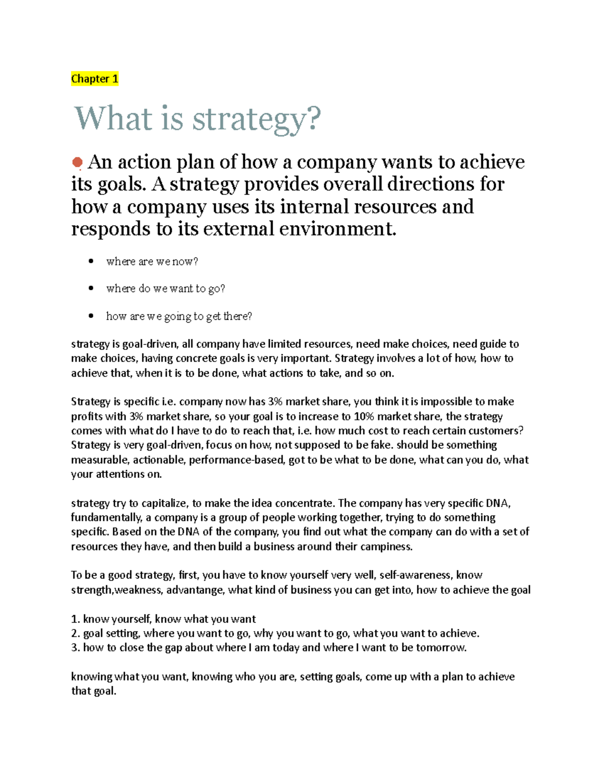 Week 1 and 2 - Lecture notes 1-2 - Chapter 1 What is strategy? An ...