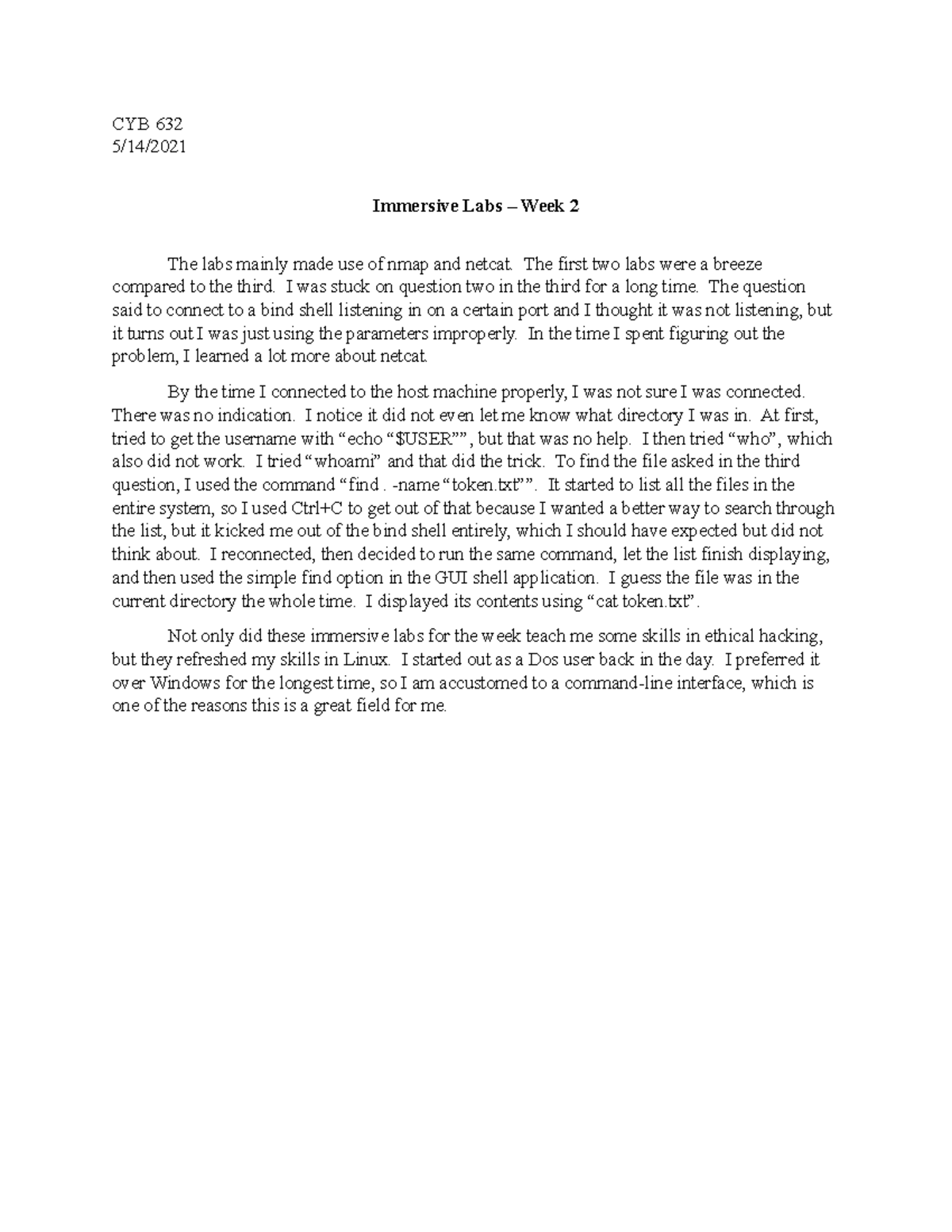 Immersive Labs Week 2 CYB 632 5/14/ Immersive Labs Week 2 The labs