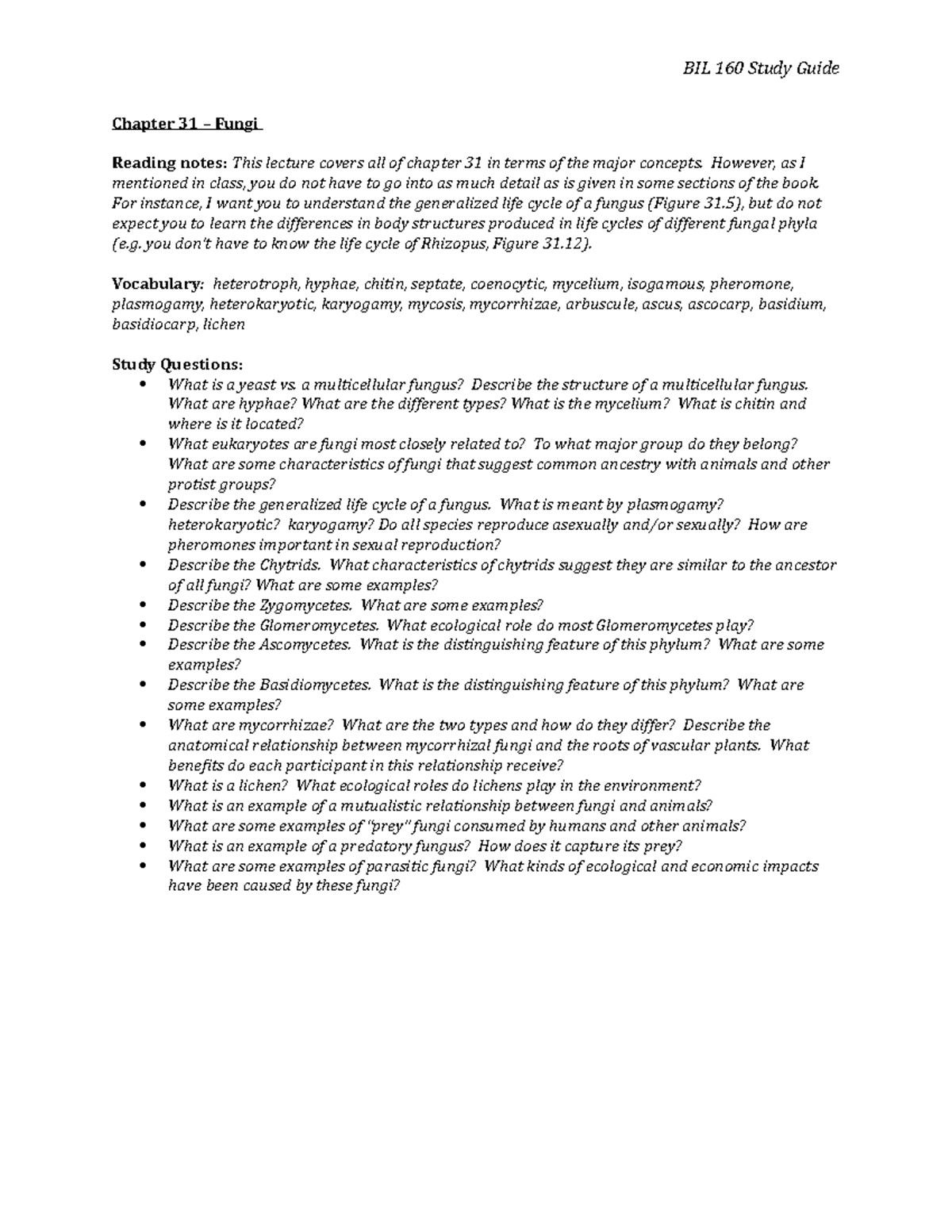 Study Guide 31 - Notes for Exams 1,2,3,4 and Final - BIL 160 Study ...