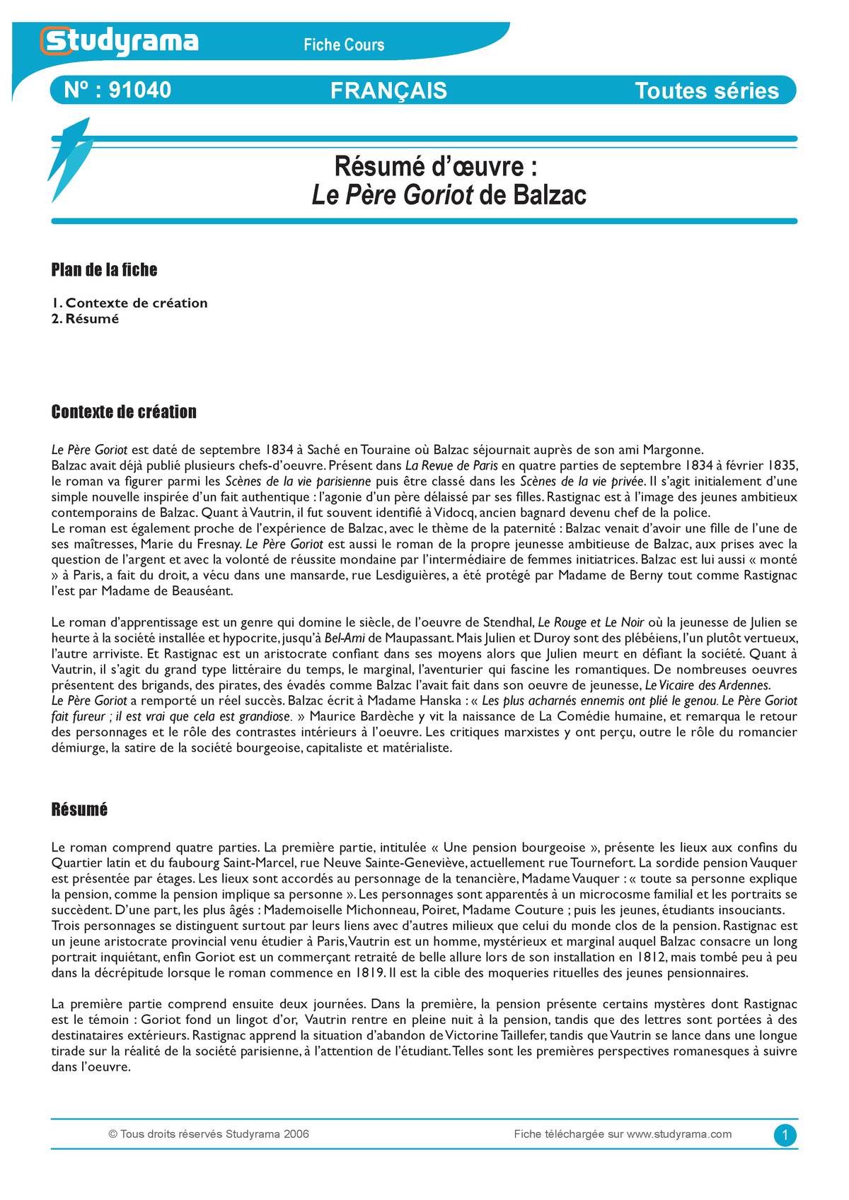 Resumé Balzac Père Goriot - © Tous Droits Réservés Studyrama 2006 Nº ...