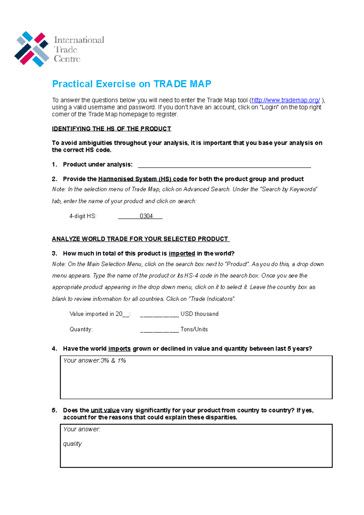 [Exercises] Trade MapExercises Practical Exercise on TRADE MAP To