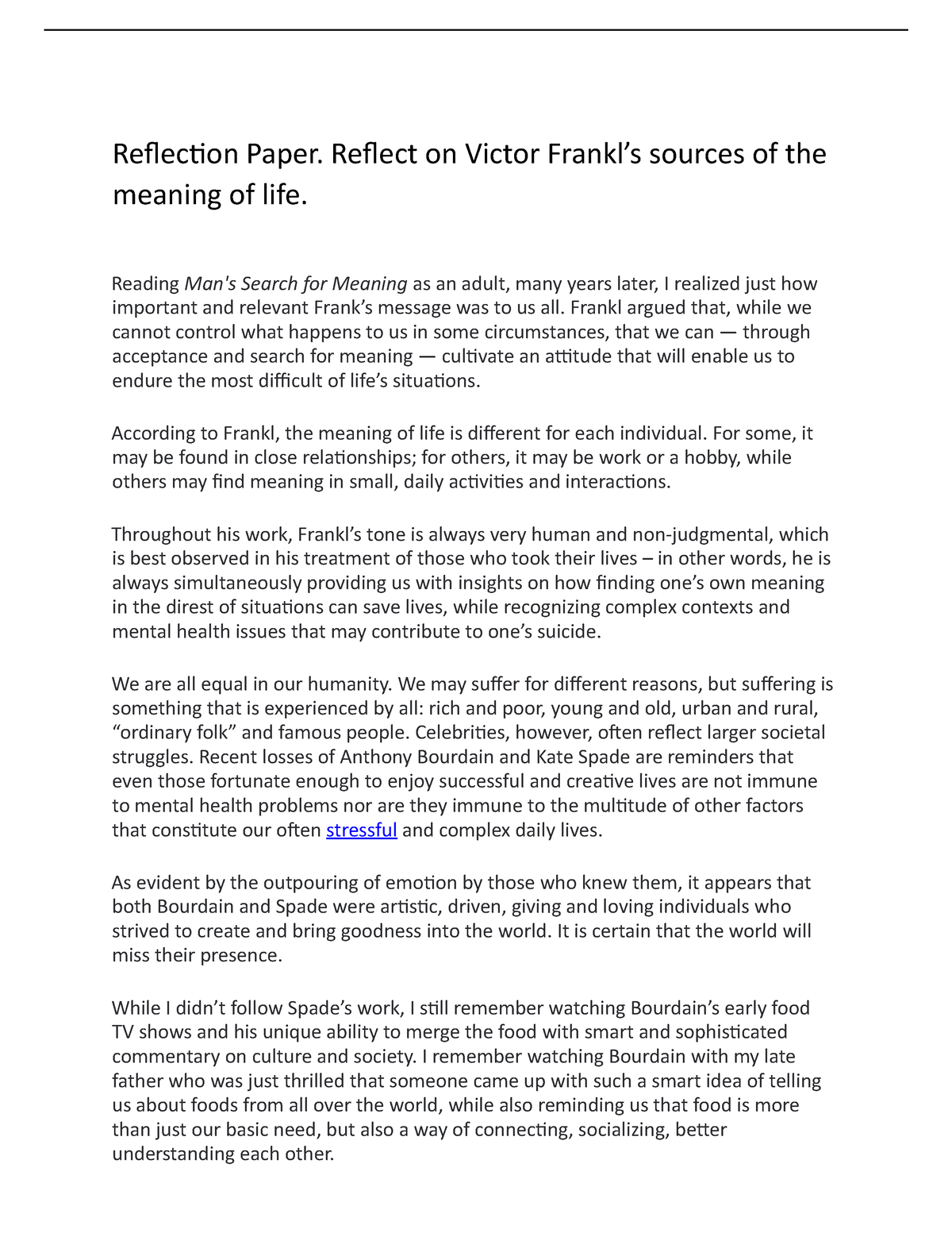 viktor frankl meaning of life reflection essay