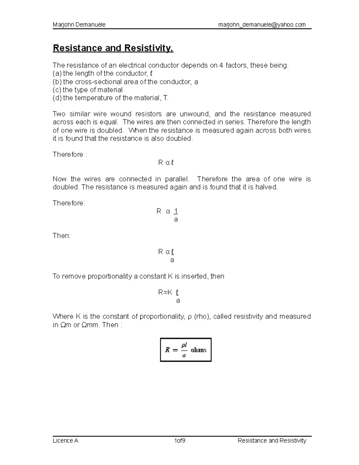 2 Resistance And Resistivity 1 - The Resistance Of An Electrical ...