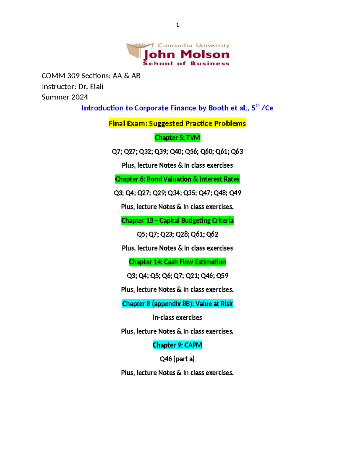 COMM 309 - suggested practice problems-Final Exam- Booth - Summer 2024 ...