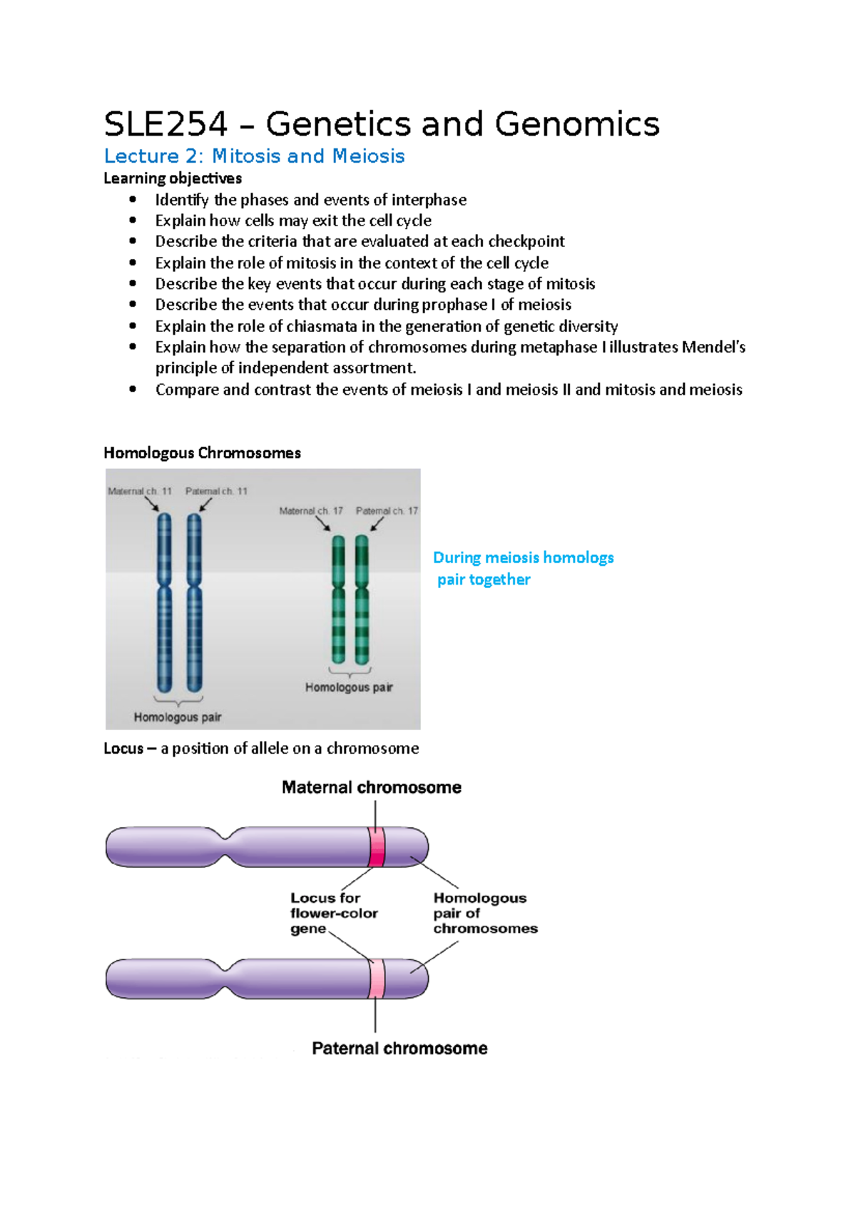 Lecture notes - SLE254 – Genetics and Genomics Lecture 2: Mitosis and ...