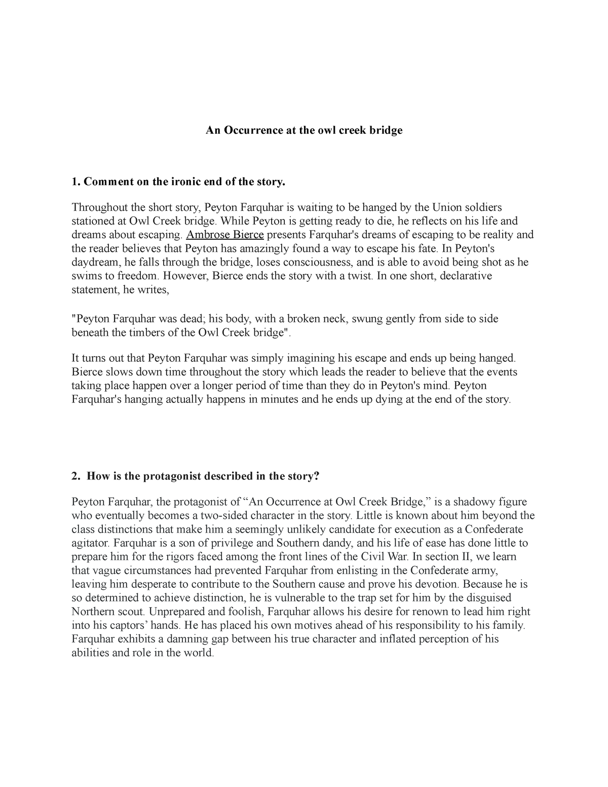 literary analysis essay on an occurrence at owl creek bridge
