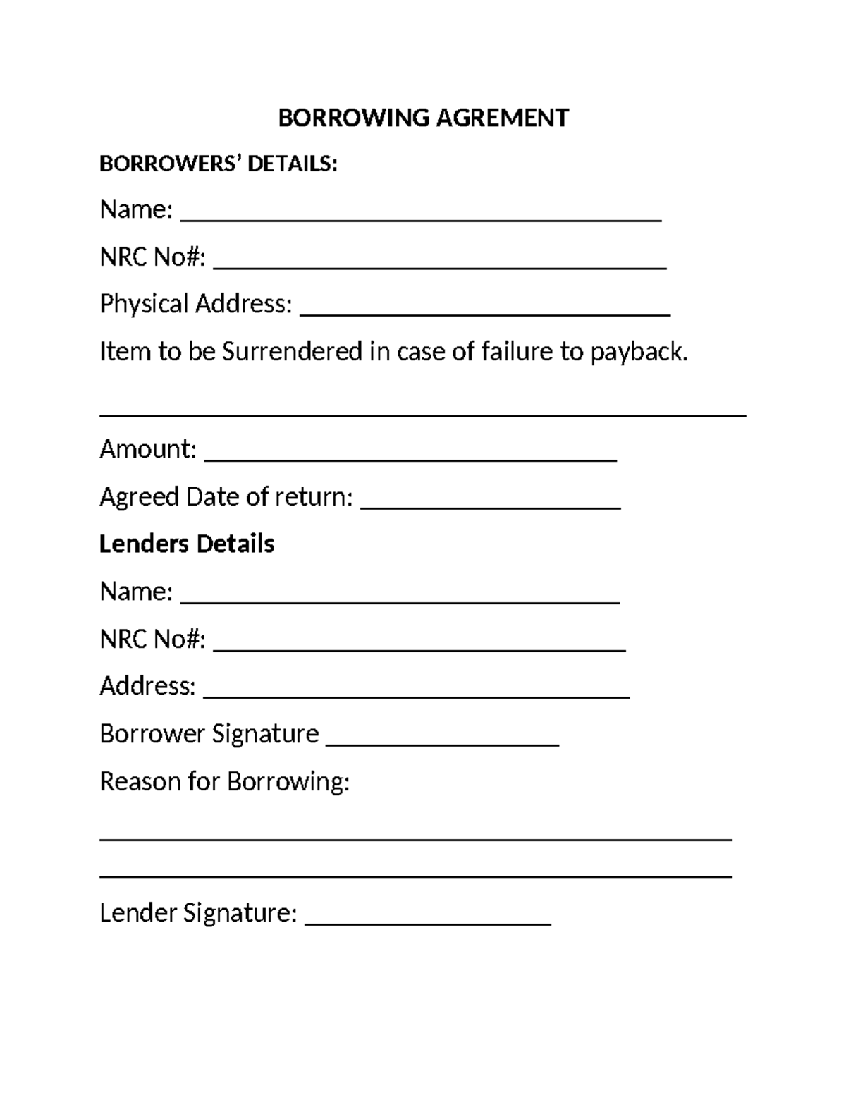 AGREEMENT FORM TEMPLATE - BORROWING AGREMENT BORROWERS’ DETAILS: Name ...