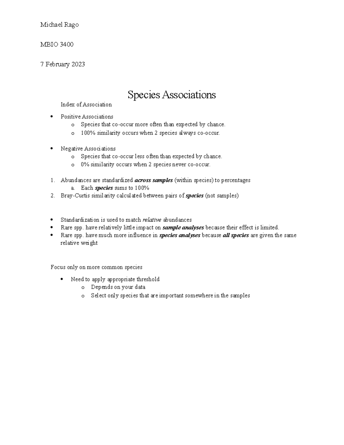 Species Associations Notes - Michael Rago MBIO 3400 7 February 2023 ...