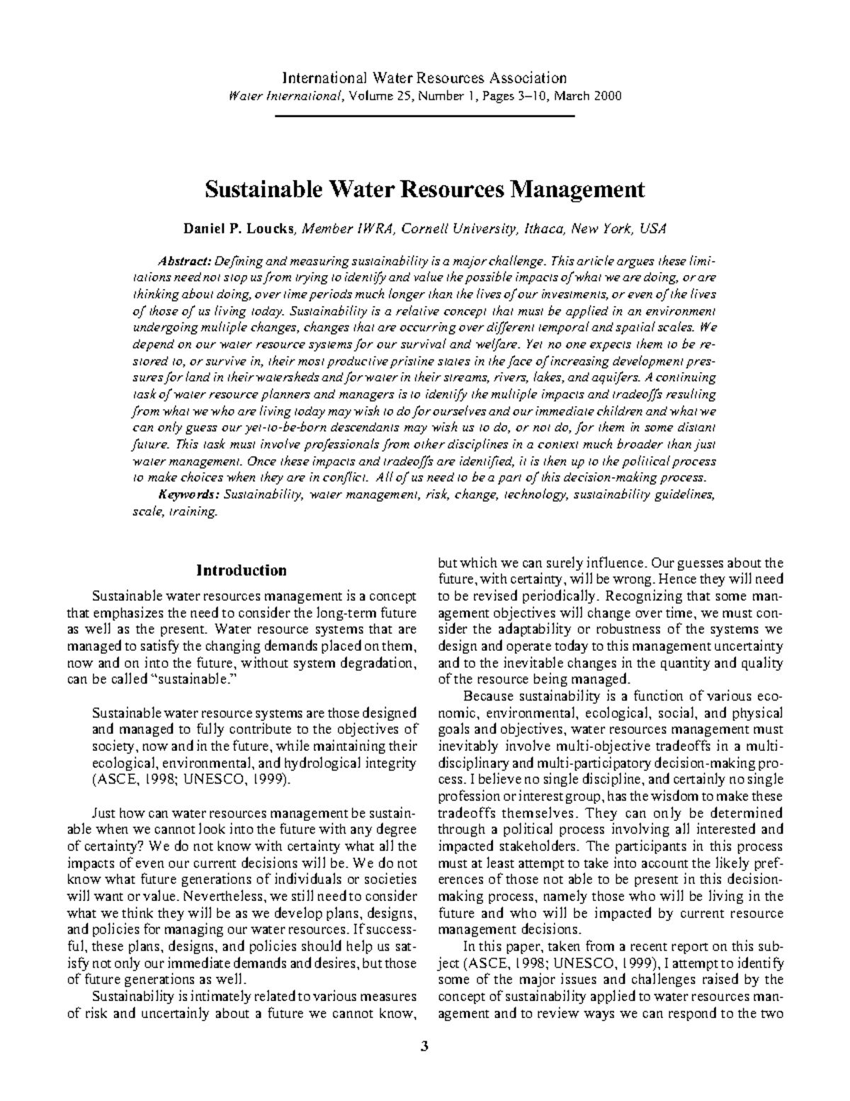Sustainable Water Resources Management International Water Resources