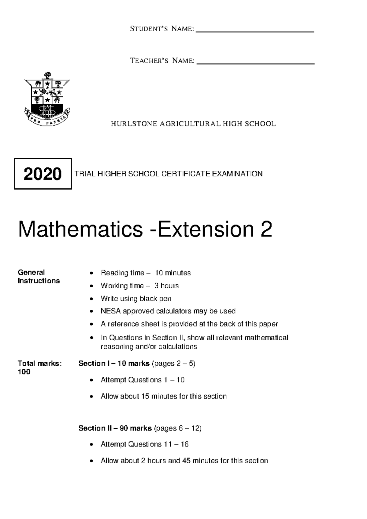 Hurlstone Extension 2 Trial solutions 2020 - STUDENT’S NAME: TEACHER’S ...