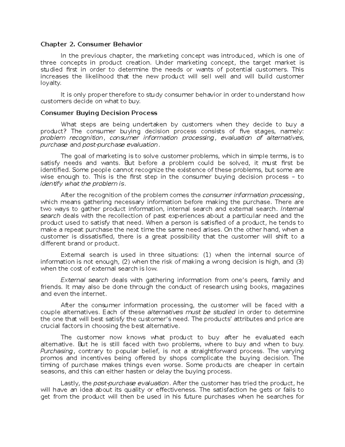 Marketing - Chapter 2. Consumer Behavior In the previous chapter, the ...