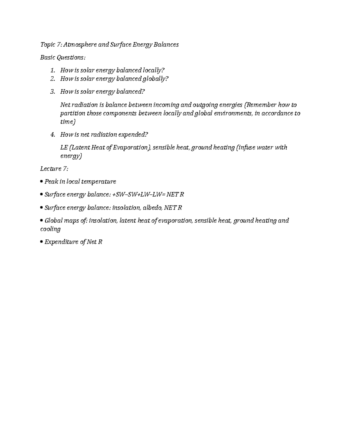Topic 7 Atmosphere and Surface Energy Balances Topic 7 Atmosphere