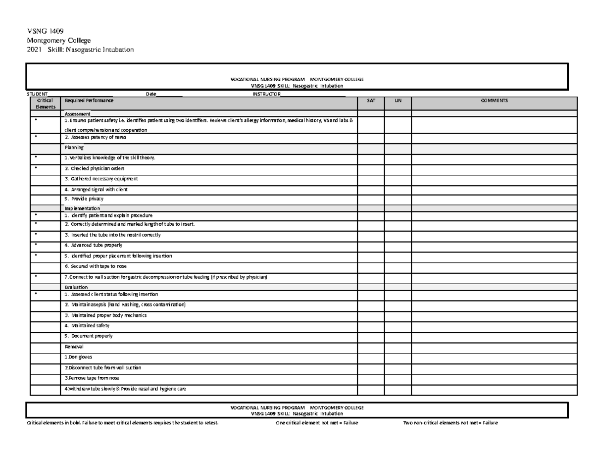 Ngt Skill Sheet Check Off - Vsng 1409 Montgomery College 2021 Skill 