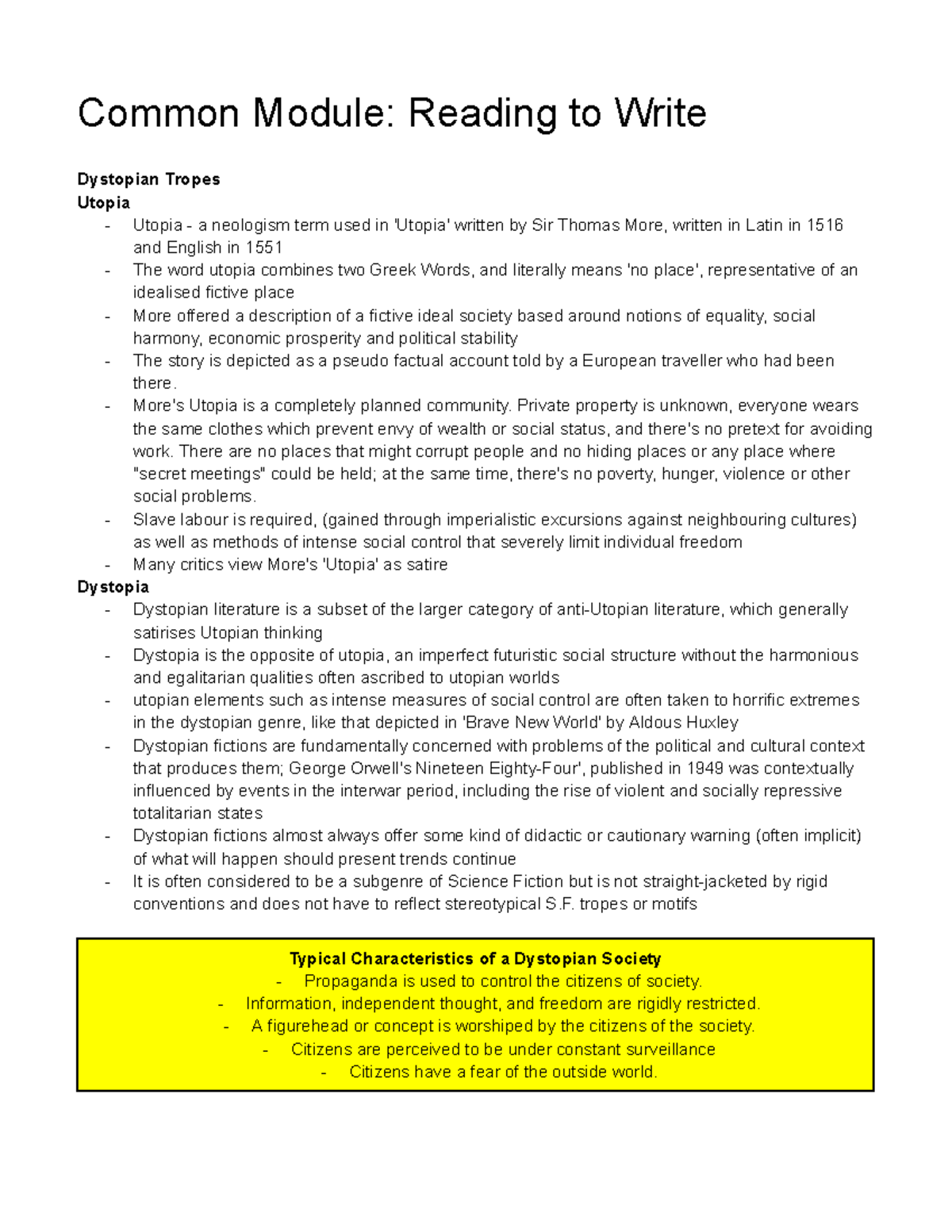 English Adv Prelim Notes - Common Module: Reading to Write Dystopian ...