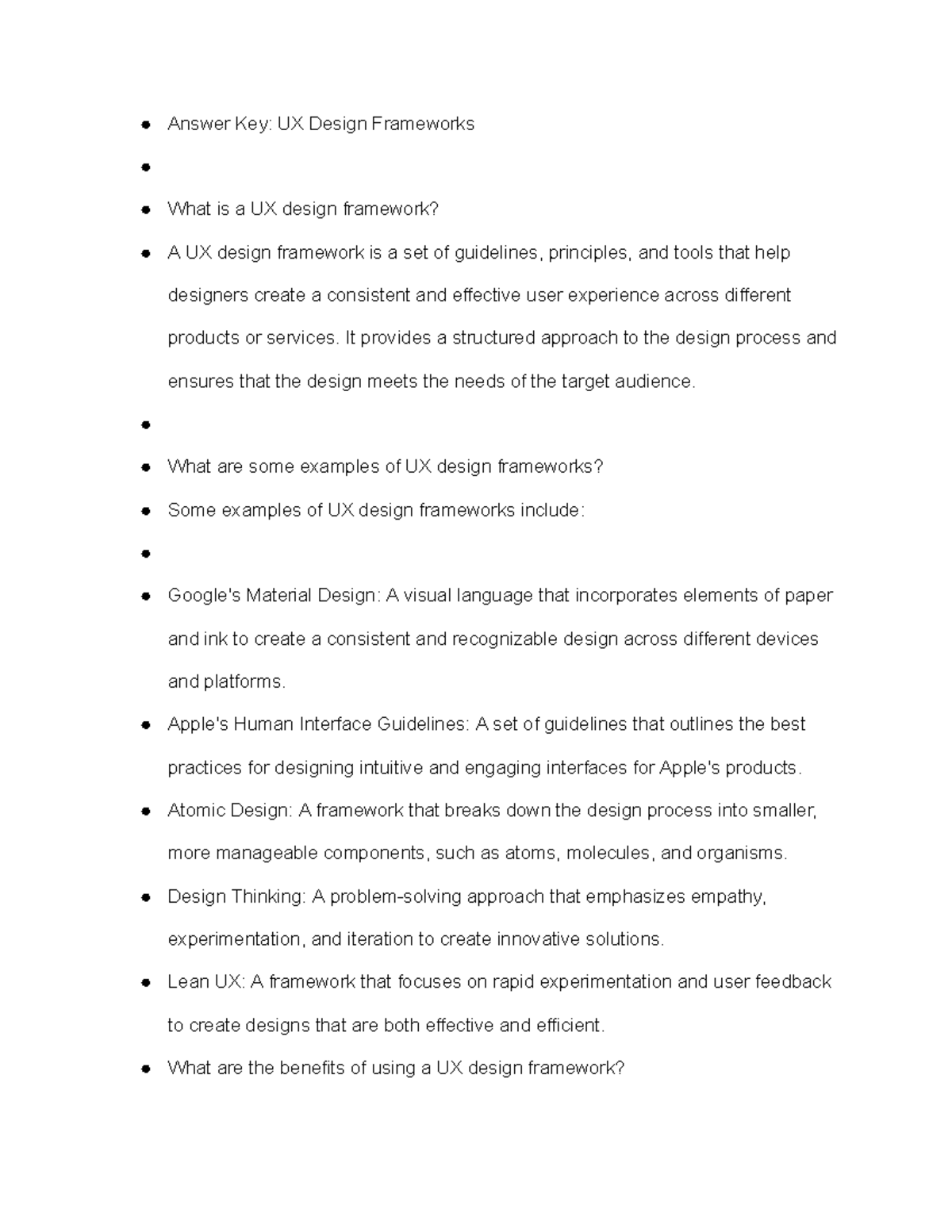 Answer Key UX Design Frameworks - Answer Key: UX Design Frameworks What ...