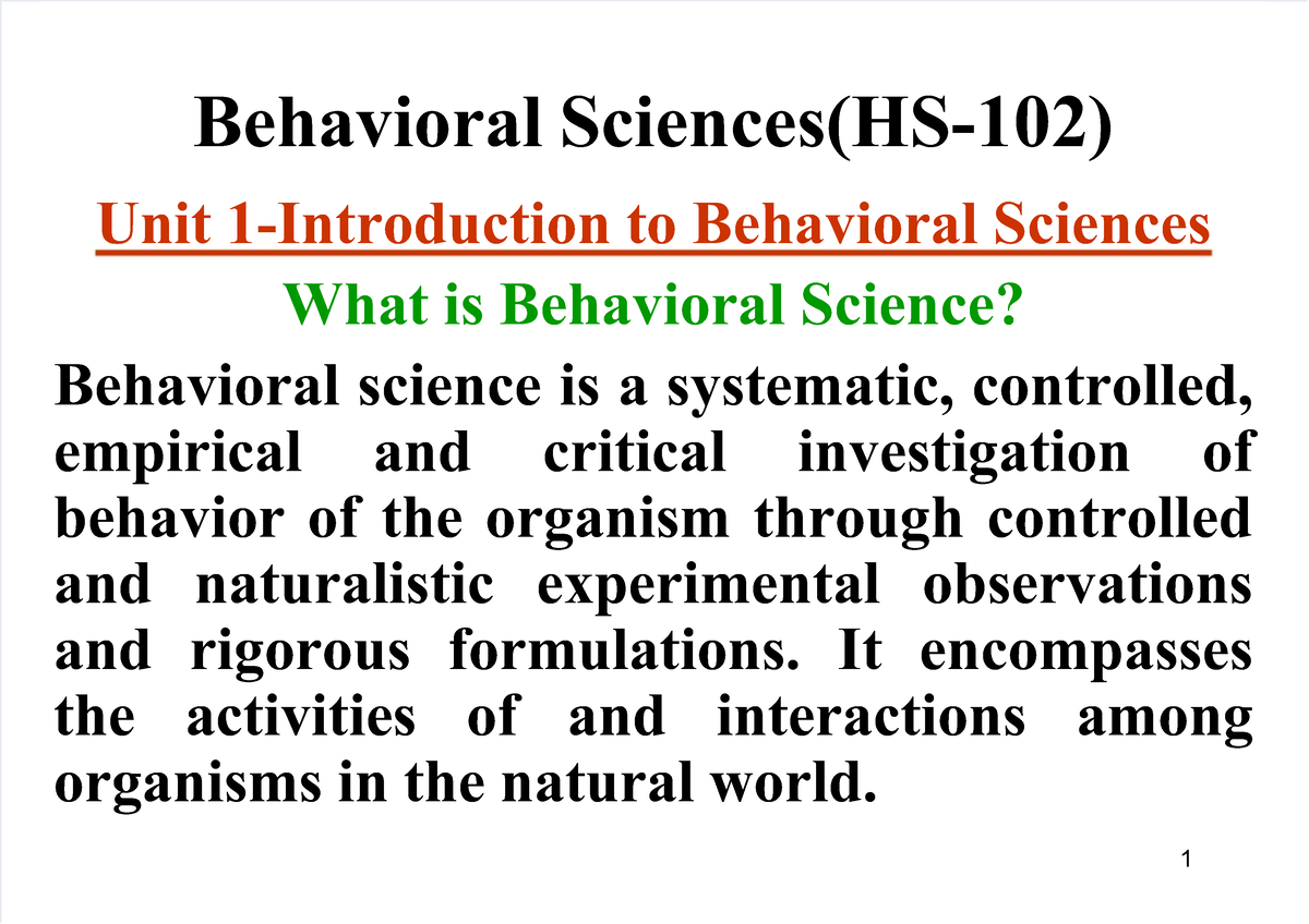 Introduction To Behavioral Sciences - 1 Behavioral Sciences(HS-102 ...