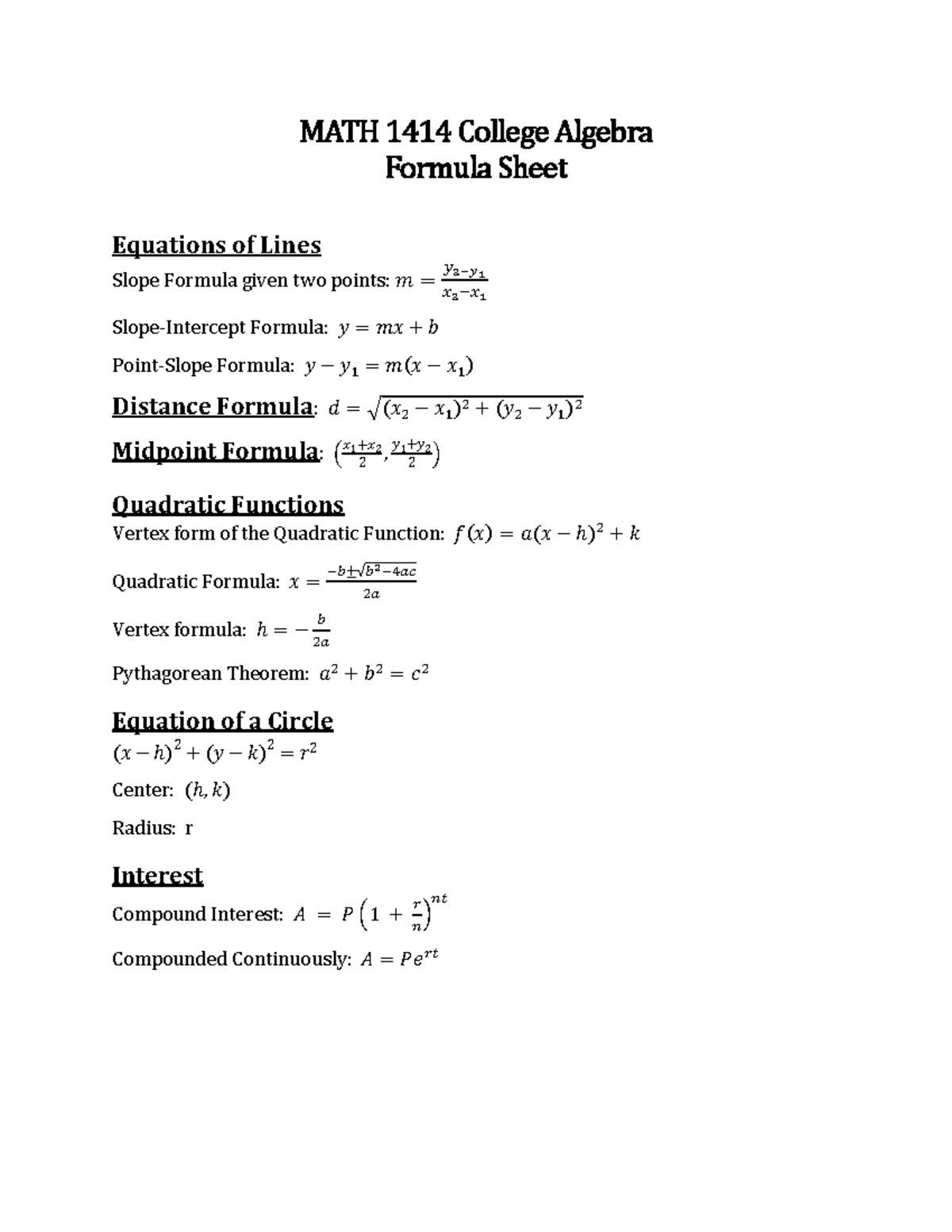 college algebra reference sheet