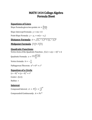 algebra 1 formula sheet