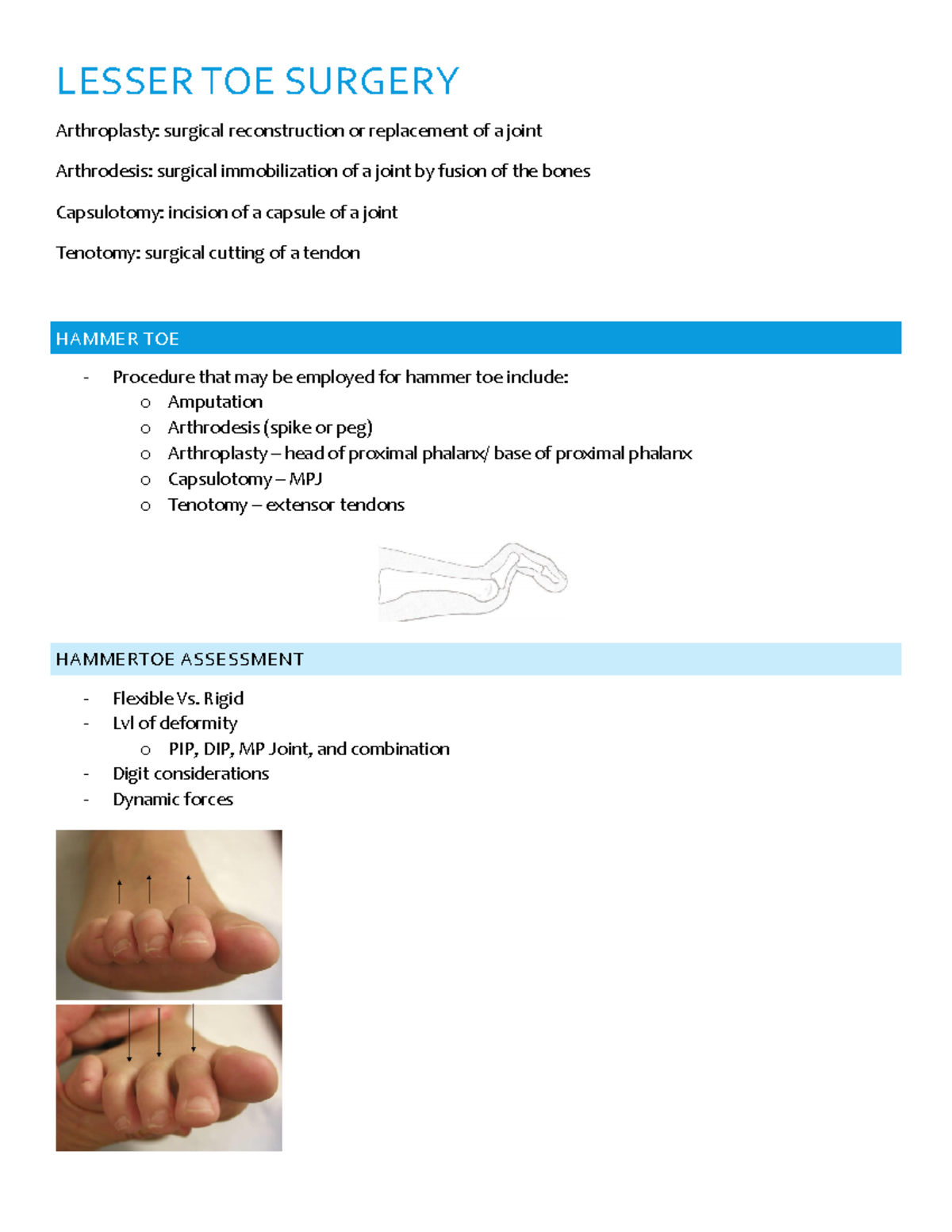 Lecture notes, lecture Week 6 - LESSER TOE SURGERY Arthroplasty ...