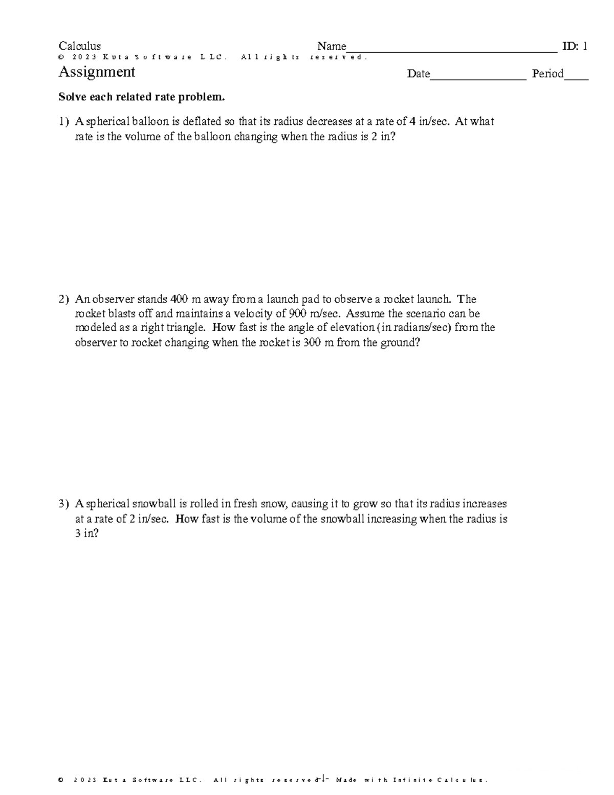 Related Rates Worksheet - ©W d 2 m 0 _ 2 p 3 S KluqtWa ...
