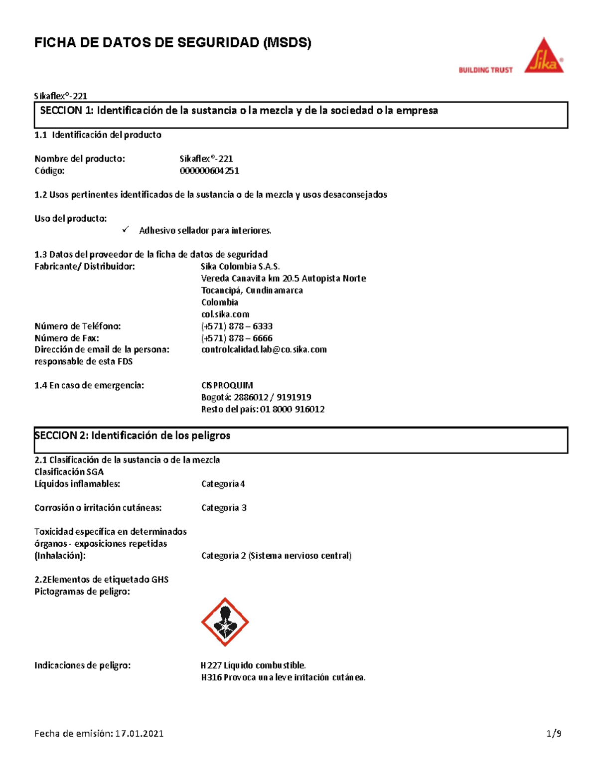 Co hs sikaflex 221[219110 ] - FICHA DE DATOS DE SEGURIDAD (MSDS ...